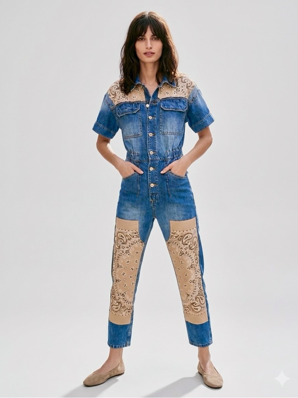 We The Free by Free People x Tricia Fix Bandana Denim Jumpsuit